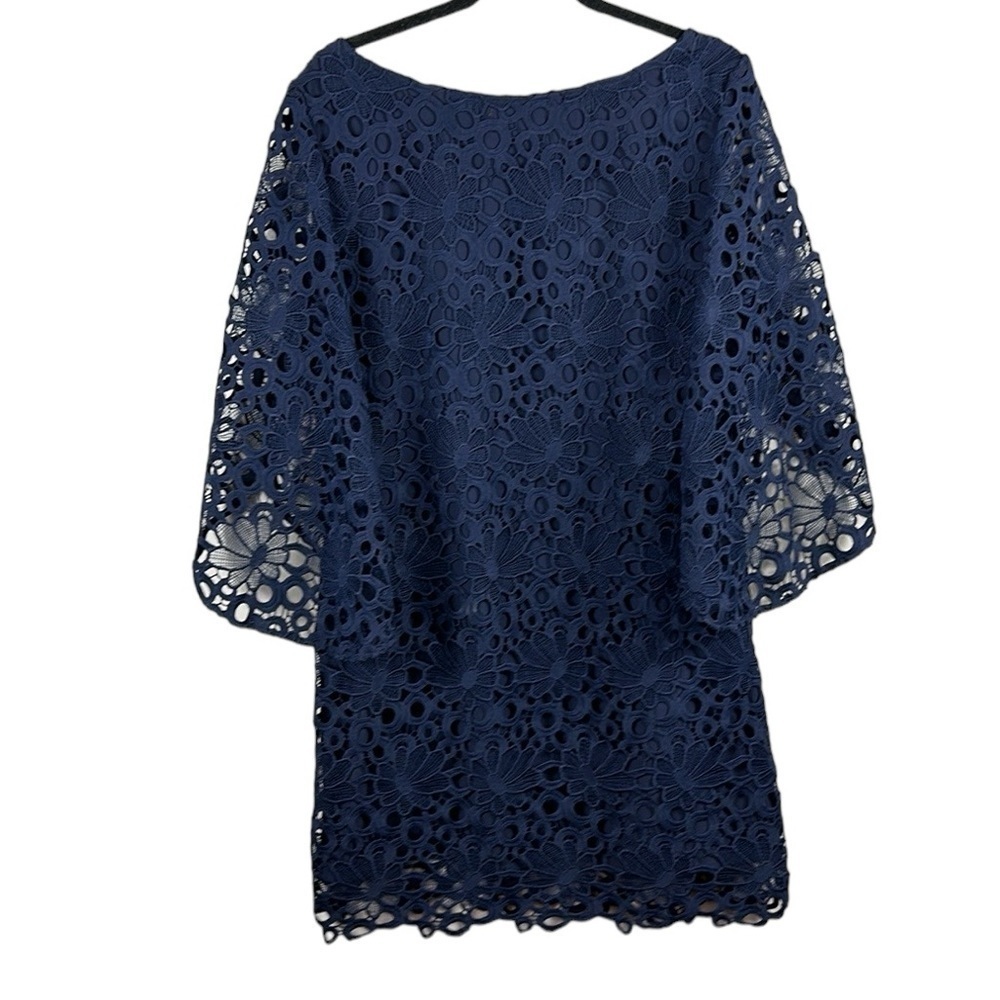 Nanette Lepore Dark Navy Crochet Eyelet Split Bell Sleeve Shift Dress Size 12 - Picture 8 of 10